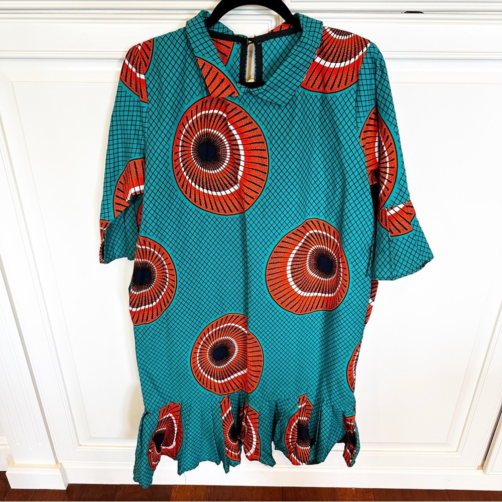 Women’s Retro‎ Style Colorful Collared Ruffle Pullover Teal Orange Pattern Dress